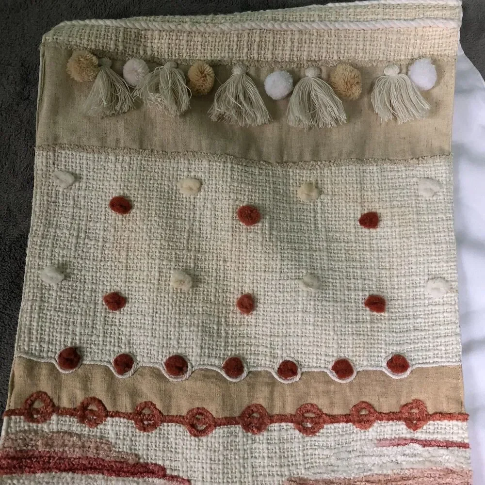 Pier 1 Imports Table Runner BOHO White Tan Rust Ball Fringe 72 x 13 in India